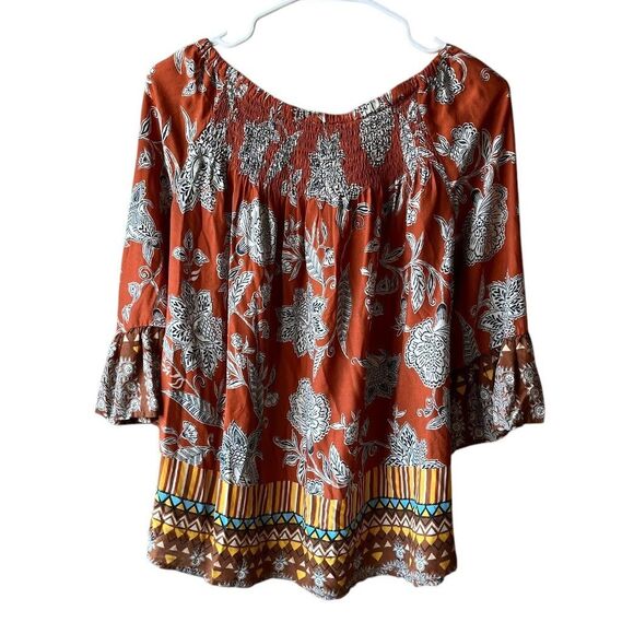 Beach Lunch Lounge Tunic S Smocked Modal Boho Off Shoulder Mix Print Bell Sleeve - Picture 2 of 7